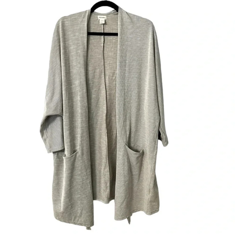 Donni Women's 3/4 Sleeve Gray Ribbed Open Cardigan w/ Pockets Sz OSFA Plus GUC